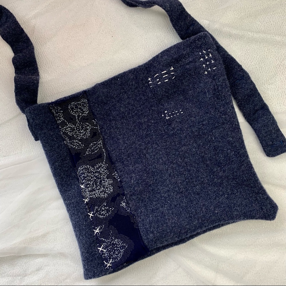 Felted Wool Crossbody Upcycled Bag with Sashiko Embroidery